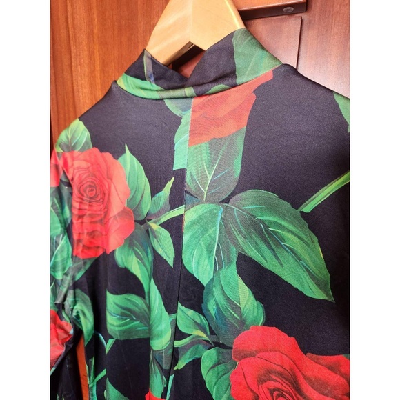 Womens Bodycon Dress 1XL Black Red Floral Mock Neck Long Sleeve Rose Print Chic - Picture 7 of 9